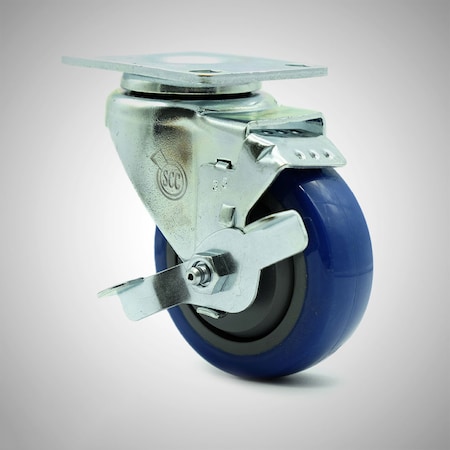 Service Caster 3.5 Inch SS Blue Polyurethane Swivel Top Plate Caster with Brake SCC-SS20S3514-PPUB-BLUE-TLB